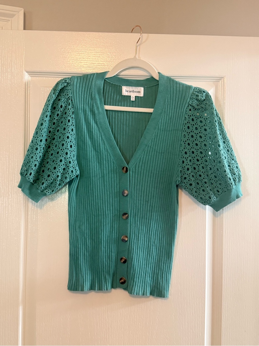 Heartloom Teal Ribbed Button-Front Eyelet Sleeve Top